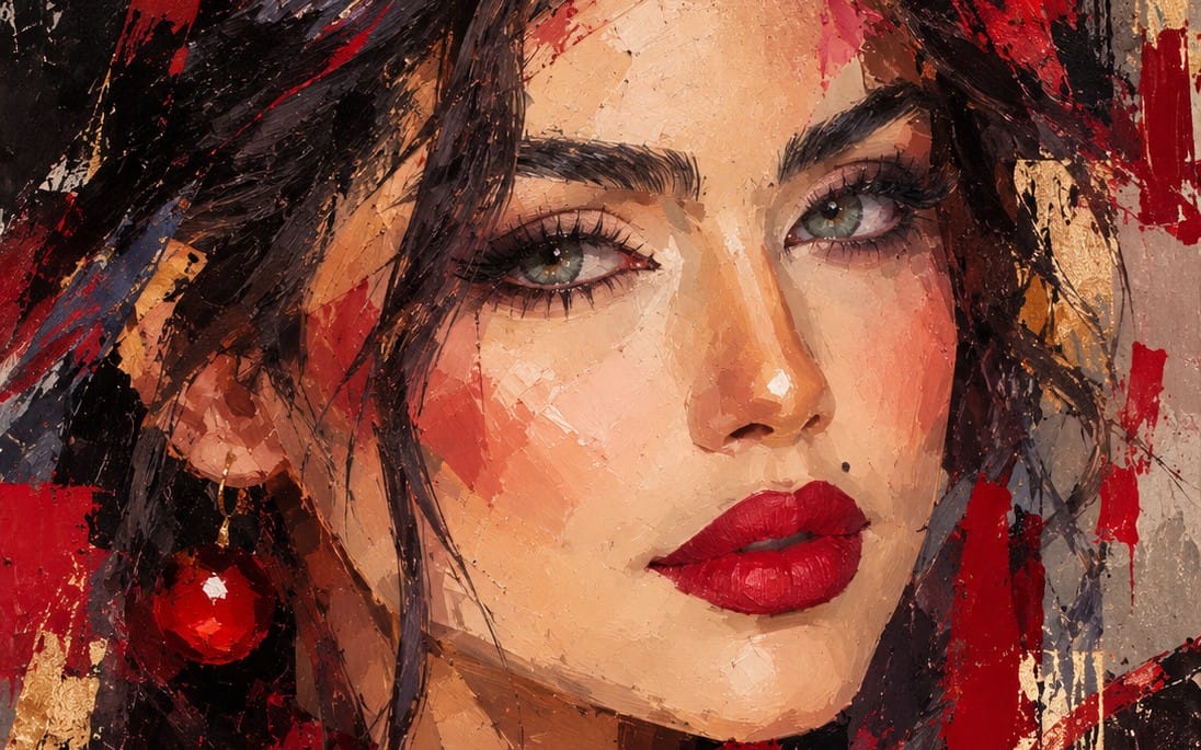 Close-up digital portrait of a woman with red lips, dramatic makeup, and dark painted splashes background
