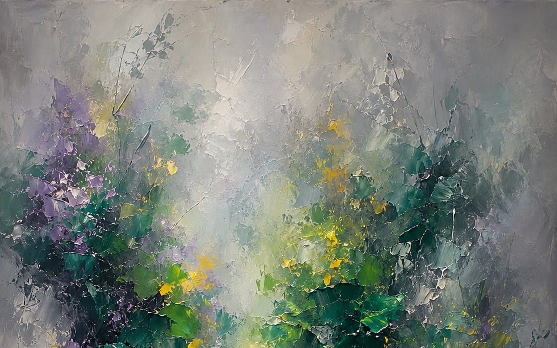 Title Garden in the Mist | Abstract Textured Palette Knife Painting