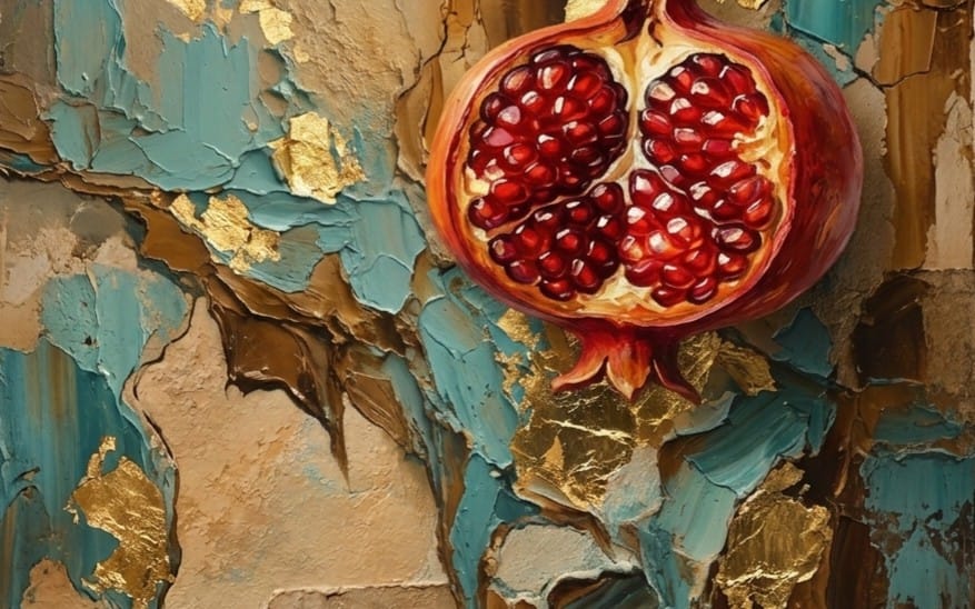 The Golden Fissure: Crimson Pomegranate & Ancient Plaster
