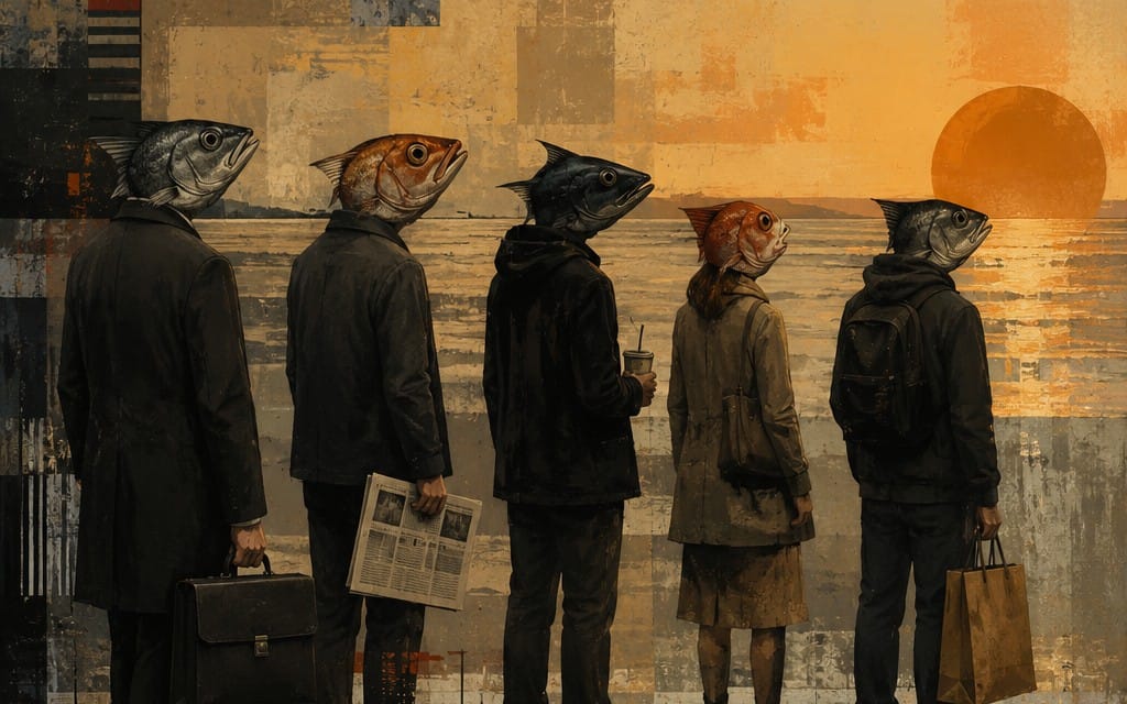 Fish-Head Humans — Surreal Horizon (Abstract Digital Art)