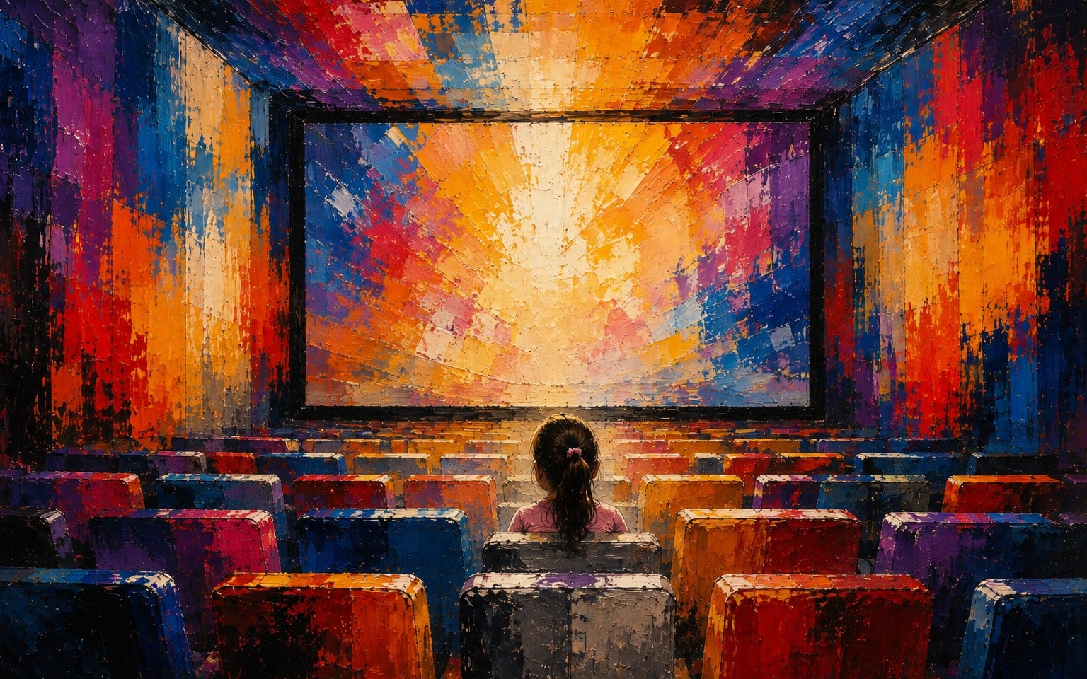 Child Watching an Abstract Colorful Cinema Screen