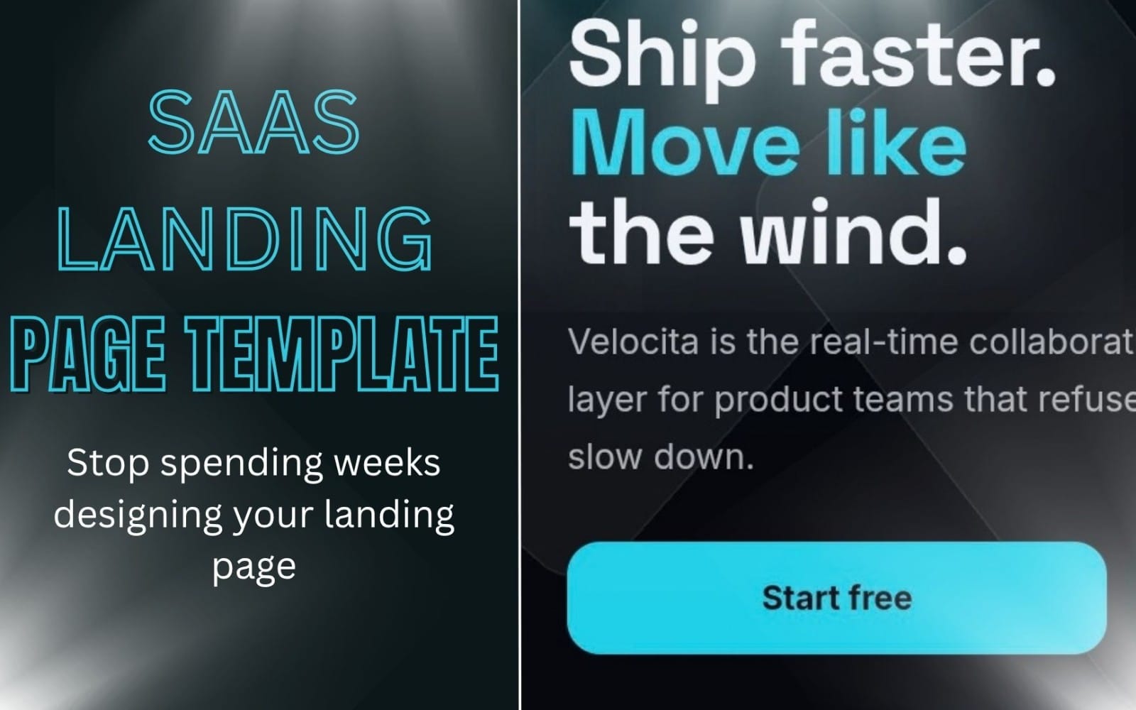 Split-screen marketing banner for Kinetic Glass SaaS landing page with bold text and a Start free button