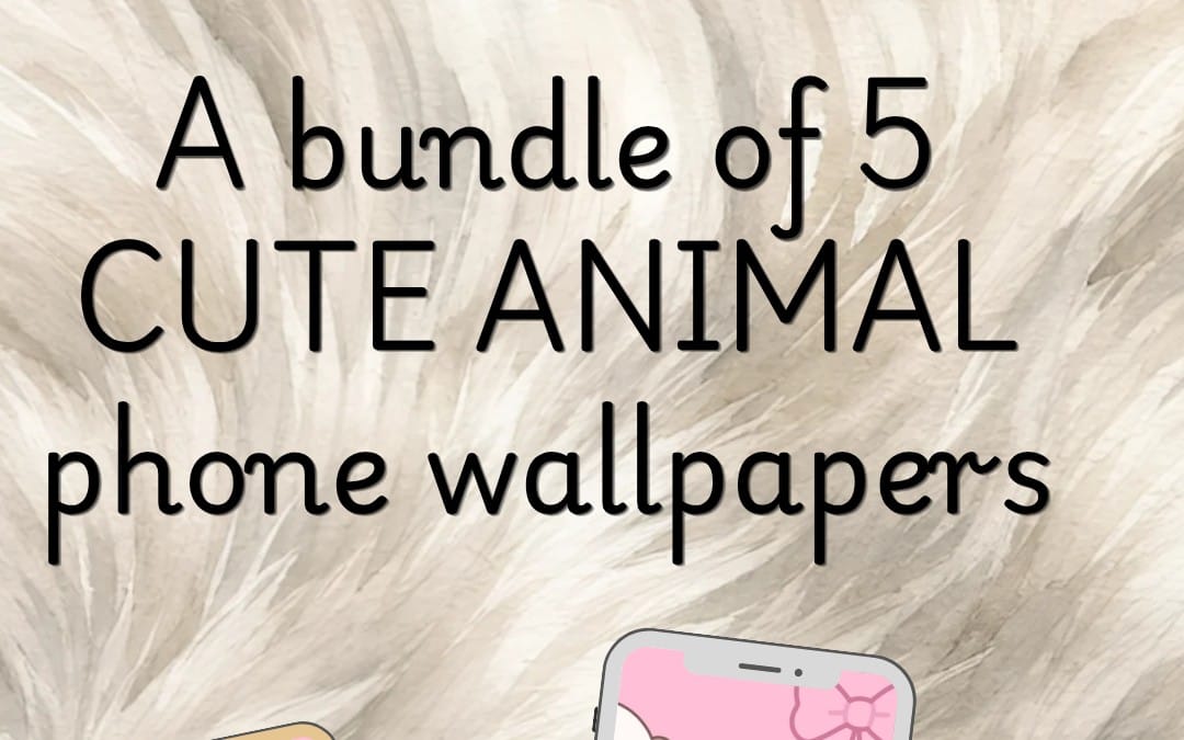 Kawaii animal phone wallpaper bundle cover with cute icons and a smartphone mockup background
