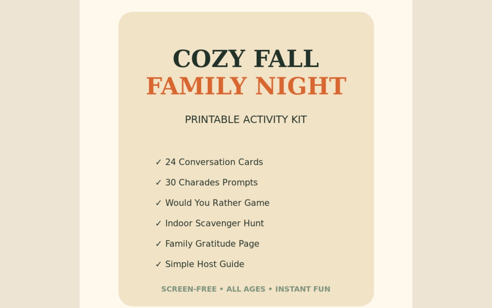 Cozy Fall and Autumn Family Night Printable Games kit preview
