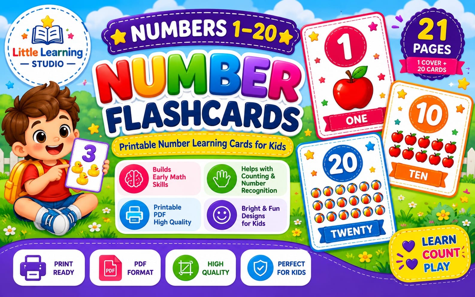 Printable Numbers 1–20 flashcard learning set with colorful cards, apple and fruit counting icons, and kids math theme