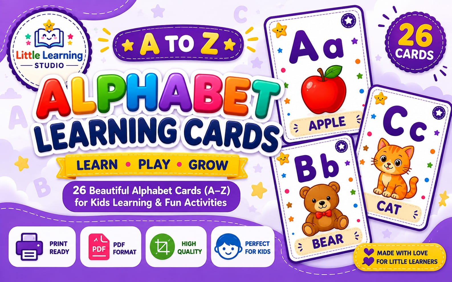 Alphabet learning flashcards for kids showing A to Z letters with animal illustrations and 26-card design banner
