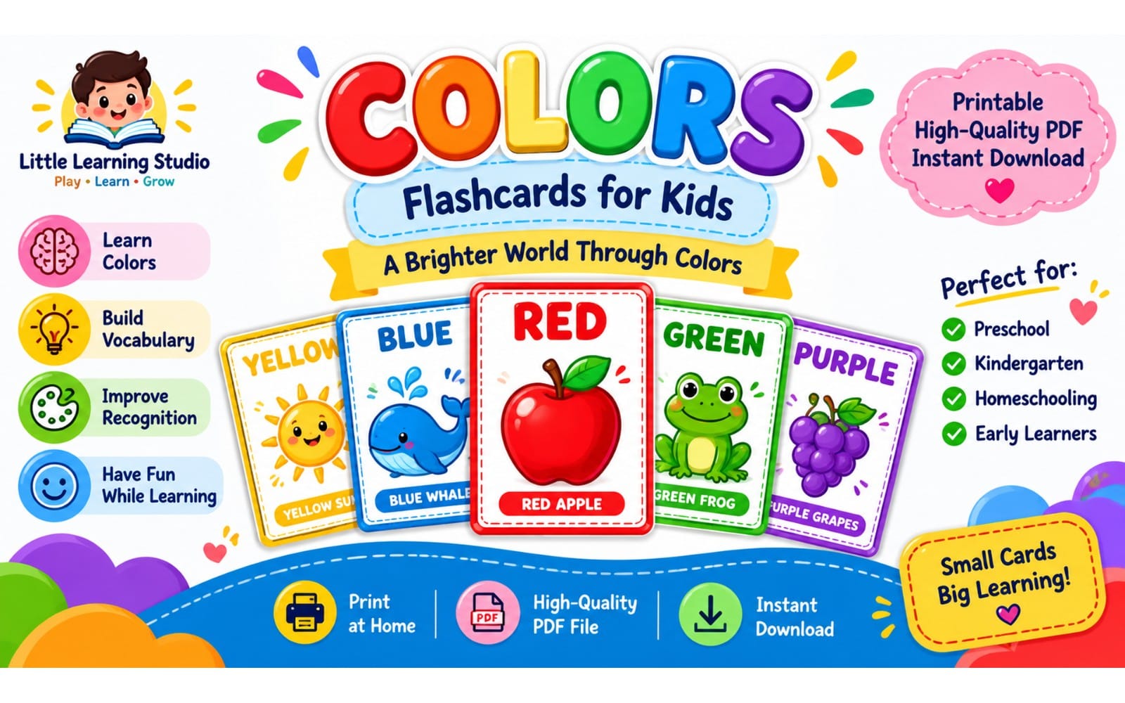 Printable kids color flashcards PDF cover with colorful card illustrations and icons for learning