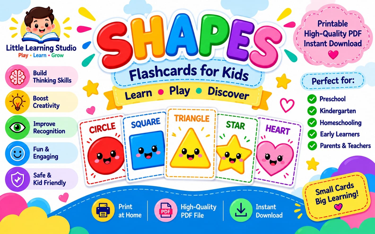 Colorful printable shapes flashcards for kids with smiling circle square triangle star and heart cards on a banner