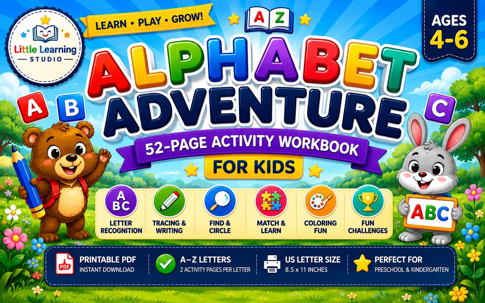 Kids alphabet adventure 52-page activity workbook cover with colorful letters and learning icons for preschool