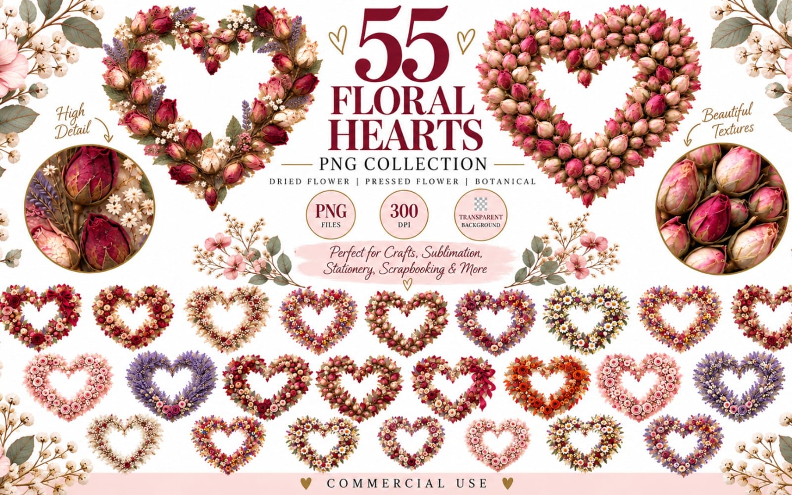 Floral heart PNG bundle with watercolor dried flowers and pressed botanical wreaths on a white background
