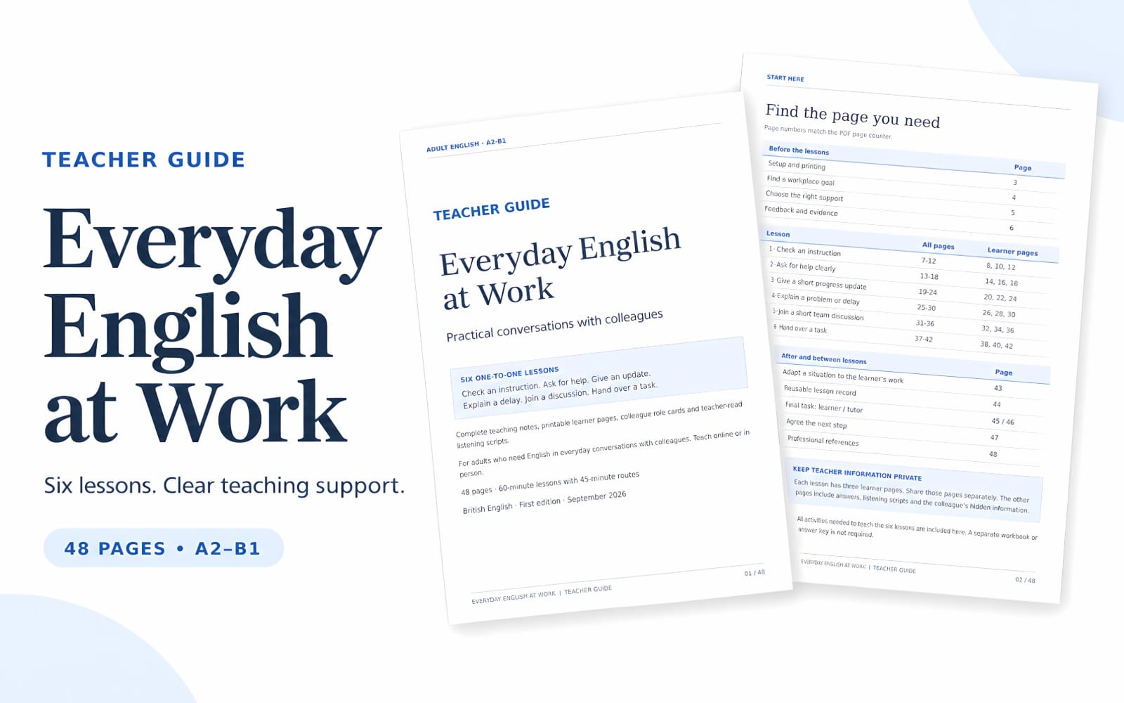 Everyday English at Work teacher guide cover with two pages showing lesson plan tables for A2–B1 adult English