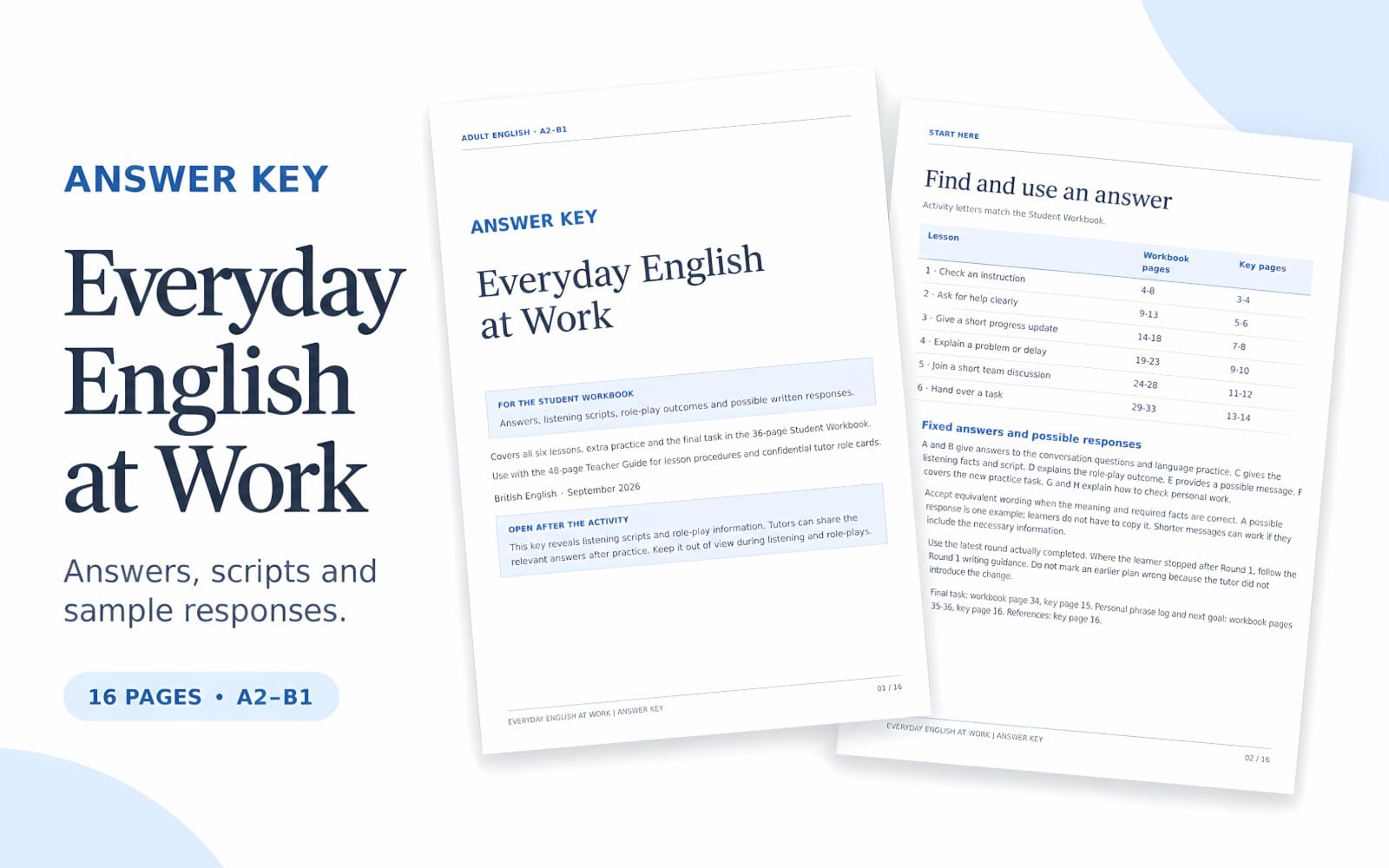 Everyday English at Work answer key workbook pages for A2–B1 with printed lesson tables and headings