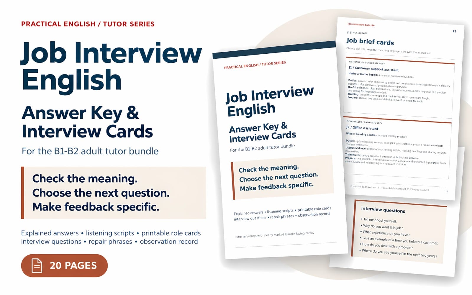 Digital download for Job Interview English answer key and interview role cards with printed page mockups