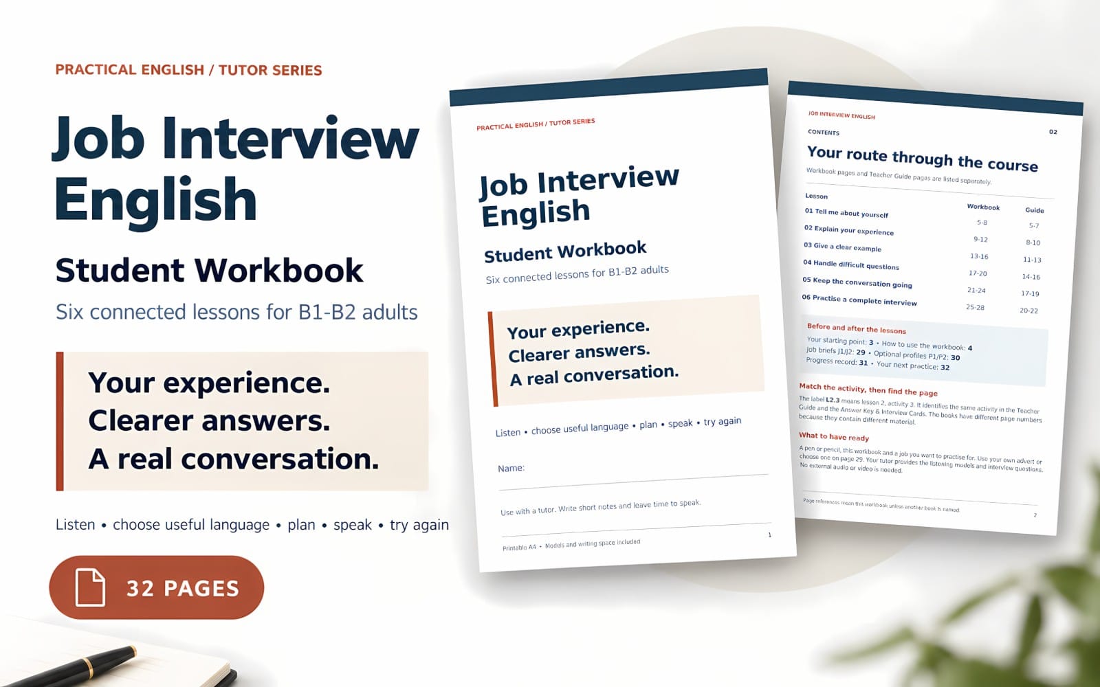 Job Interview English B1–B2 student workbook cover design with three pages shown and contents sidebar