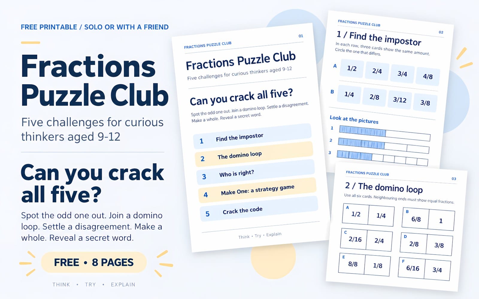 Promotional layout for Fractions Puzzle Club free 8-page printable, showing worksheets with fraction games and answers