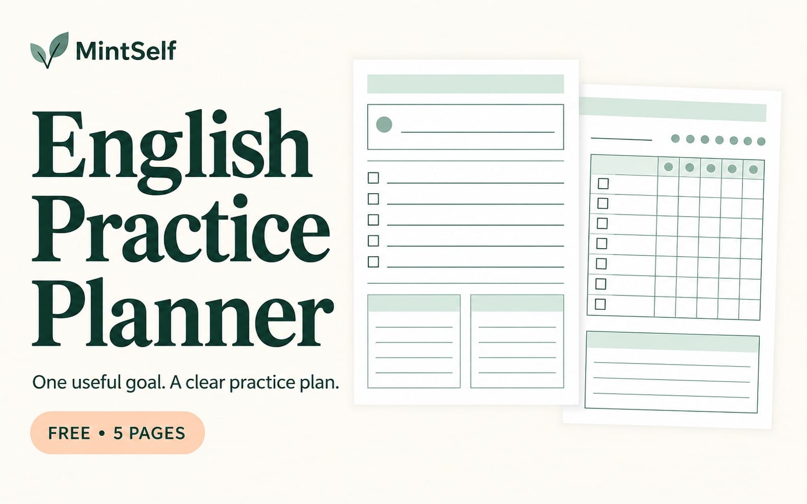 English Practice Planner printable preview with four worksheet pages, green lines and grids, 5-page goal tracker layout