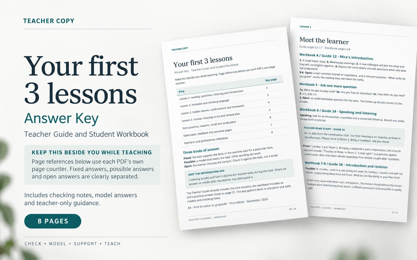 Your First 3 Lessons — Answer Key for Teacher Guide & Student Workbook