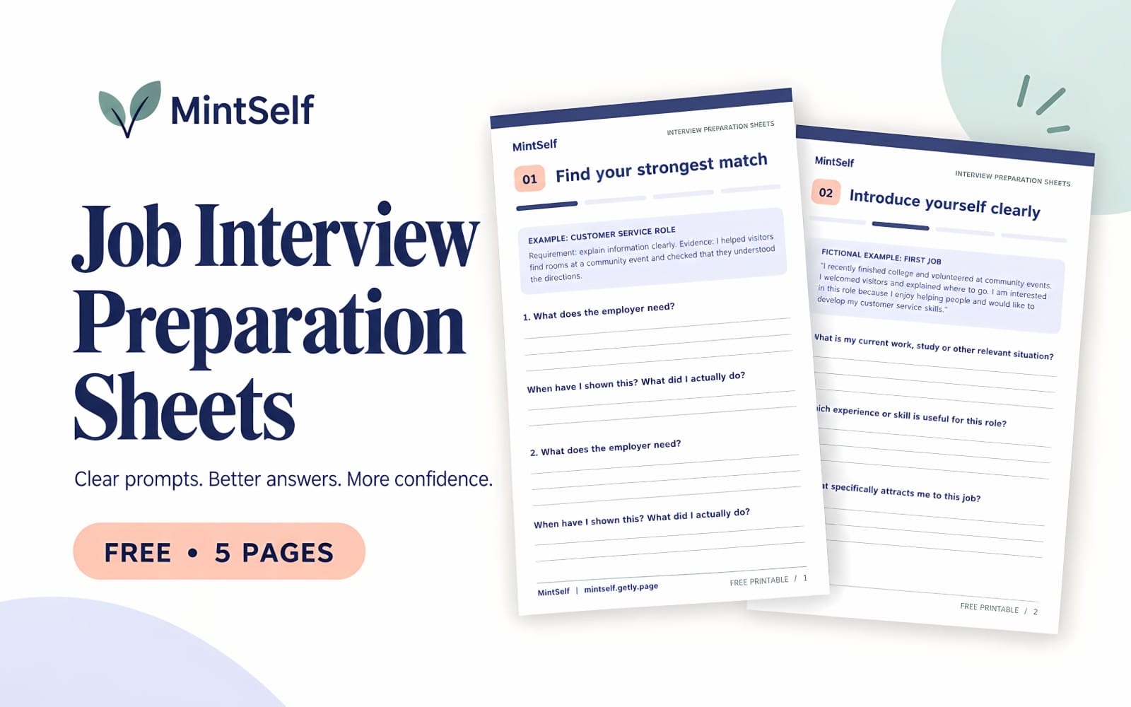 Printable job interview preparation sheets with prompts, shown as two pages and a promotional title layout