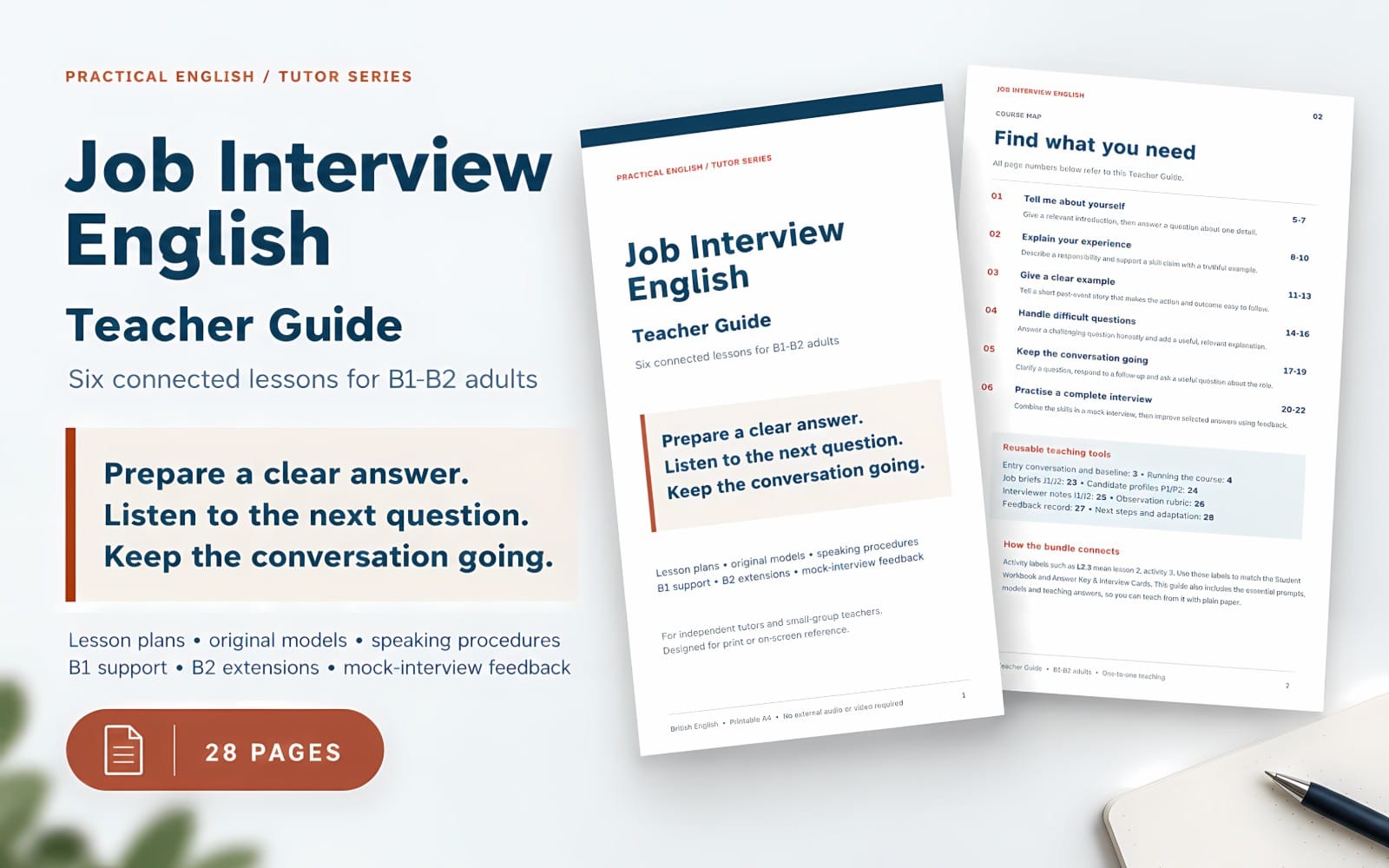 Three-page lesson guide spread for Job Interview English B1–B2 teacher guide, with course map and learning objectives