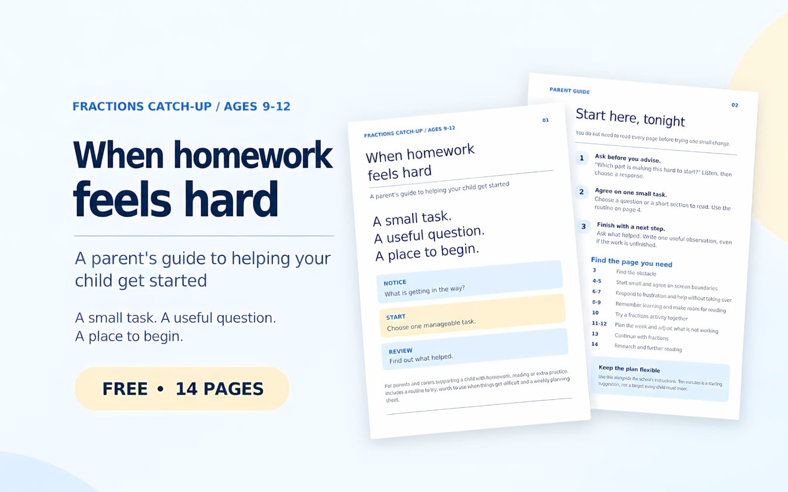 Three-page preview layout for a free 14-page parent guide titled When homework feels hard for ages 9–12
