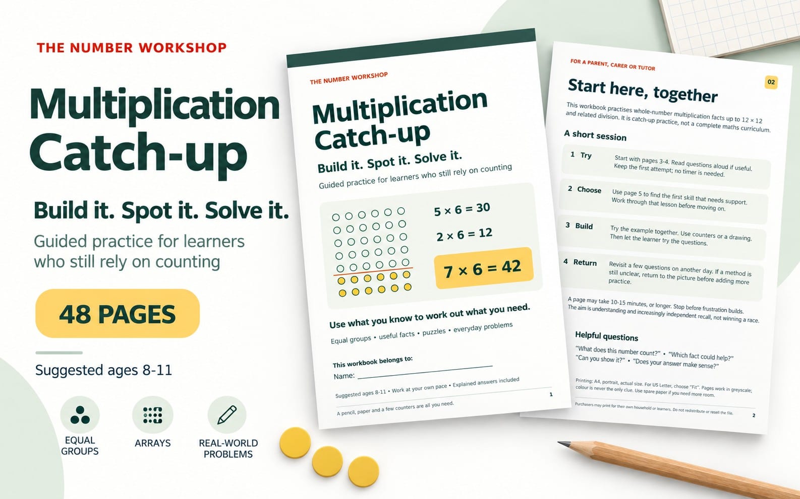 Multiplication Catch-up 48-page maths workbook cover and interior pages with learner guidance for ages 8–11