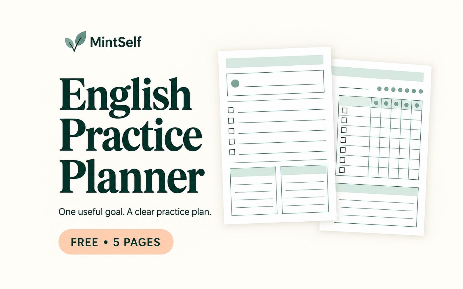 English Practice Planner printable shown with five worksheets and writing lines, MintSelf branding on white background