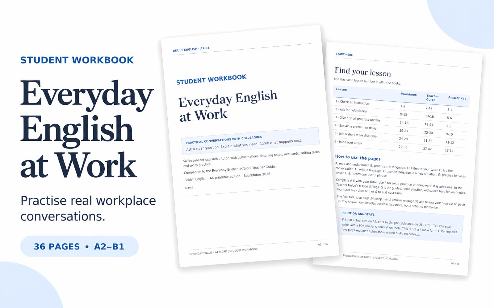 Student workbook cover for Everyday English at Work A2–B1 with lesson pages and tables shown