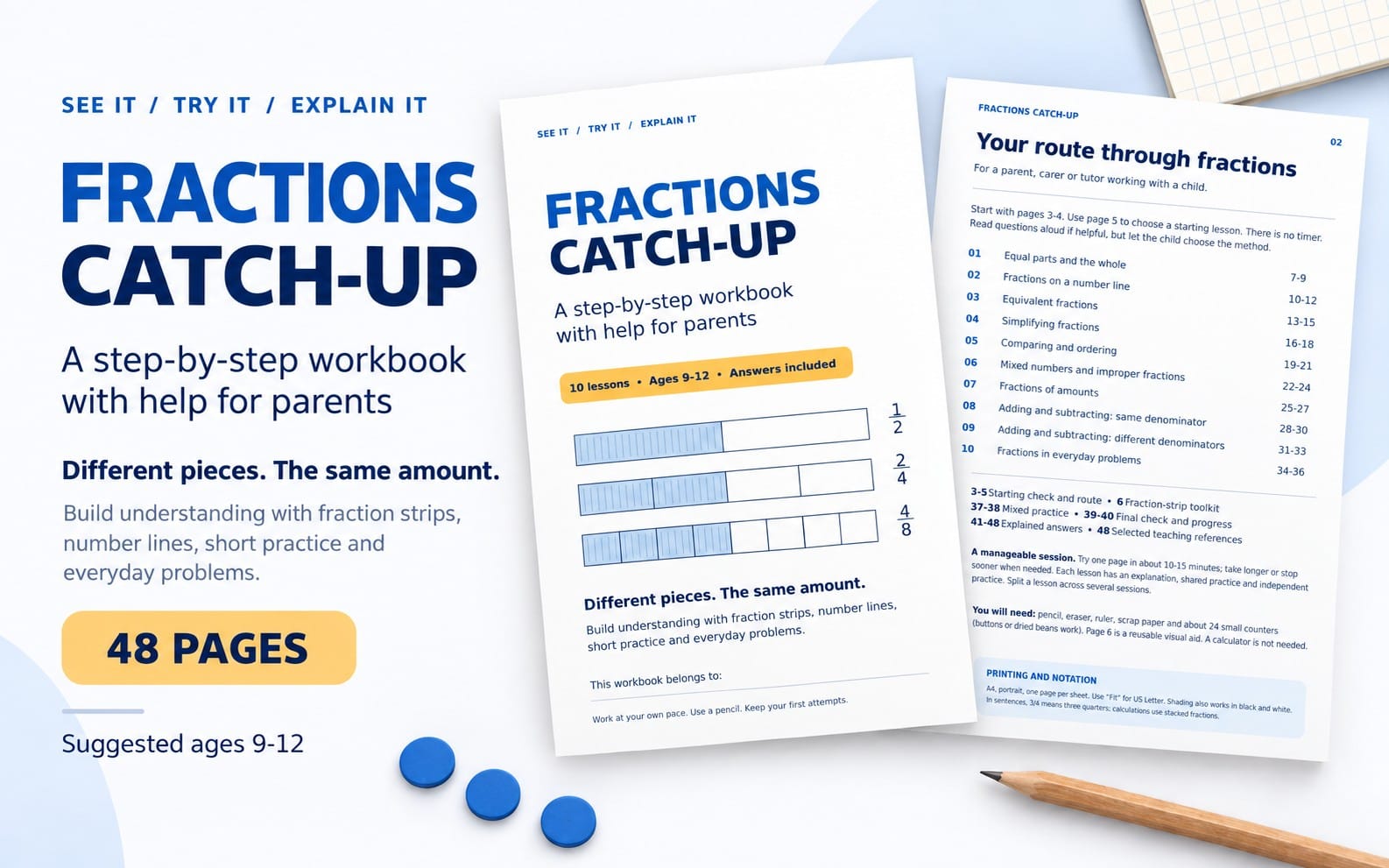 Fractions Catch-Up 48-page maths workbook for ages 9–12 showing three book covers and fraction strip exercises
