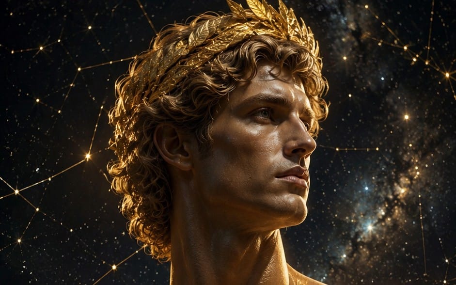 Golden Greek male god bust portrait with laurel crown and glowing starry background digital artwork