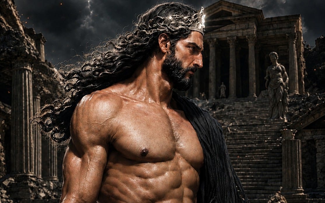 Muscular Greek man warrior with curly armor hair and a beard, shirtless fantasy portrait in a temple arena