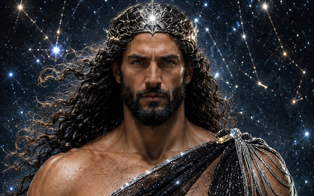 Digital artwork of a Greek ancient god warrior with curly hair, laurel crown, and glowing celestial background