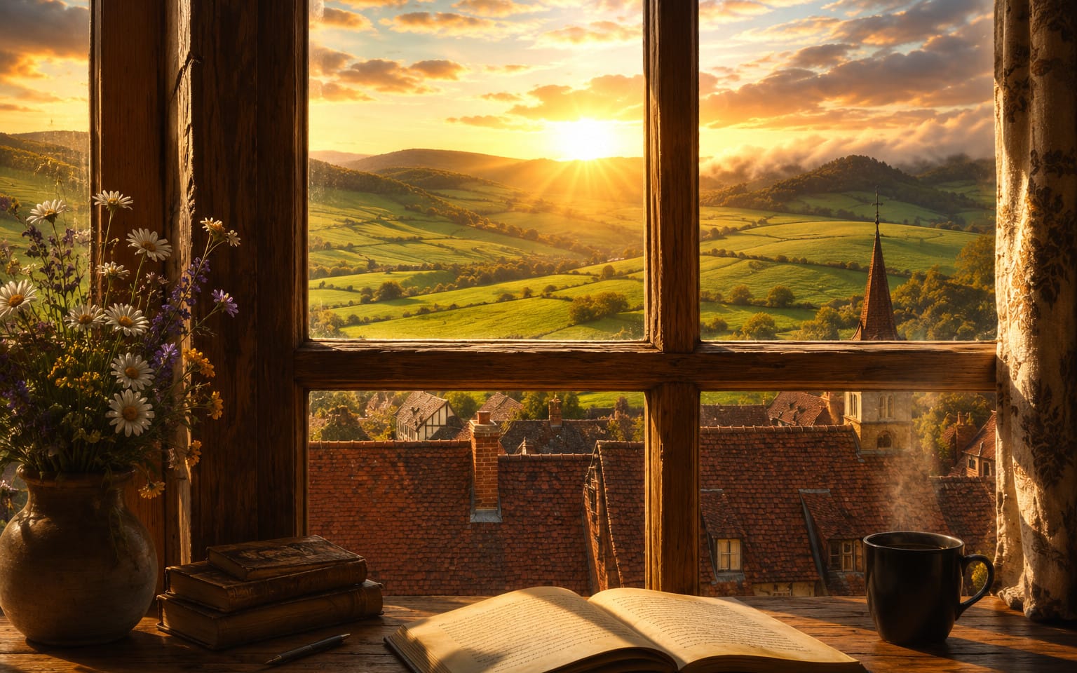 Golden sunrise view framed by a rustic window with open book, flowers vase, and mug for digital wallpaper art
