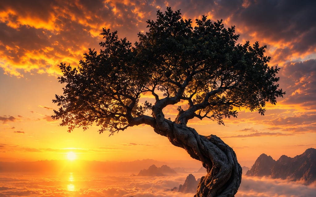 Lone Ancient Tree Above the Sea of Clouds at Golden Sunrise