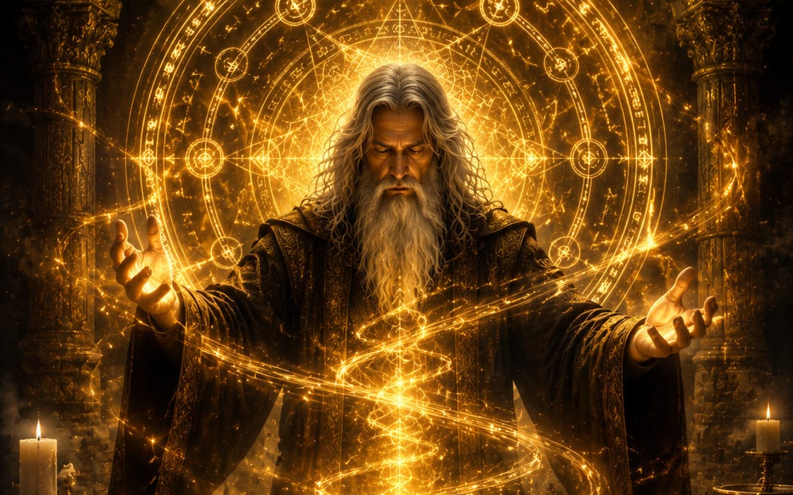 "Ancient Golden Arcane Ritual – Mystic Wizard Summoning Forbidden Light"