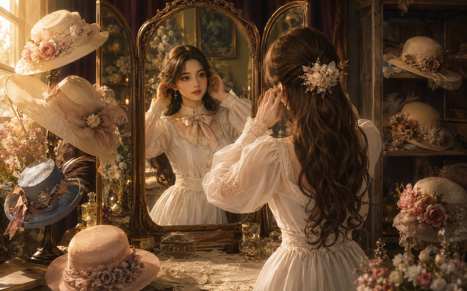 Victorian-style enchanted mirror with a woman in a lace dress and floral decor in a warm golden room scene