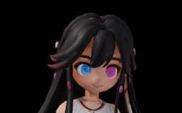3D animated character model of a dark-haired girl with blue eyes and a black-and-purple outfit on a dark background