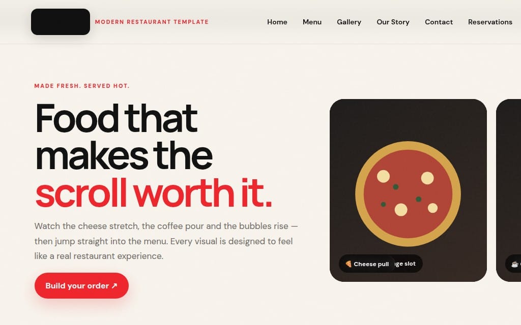Modern restaurant website template landing page with navigation menu and pizza graphic cards