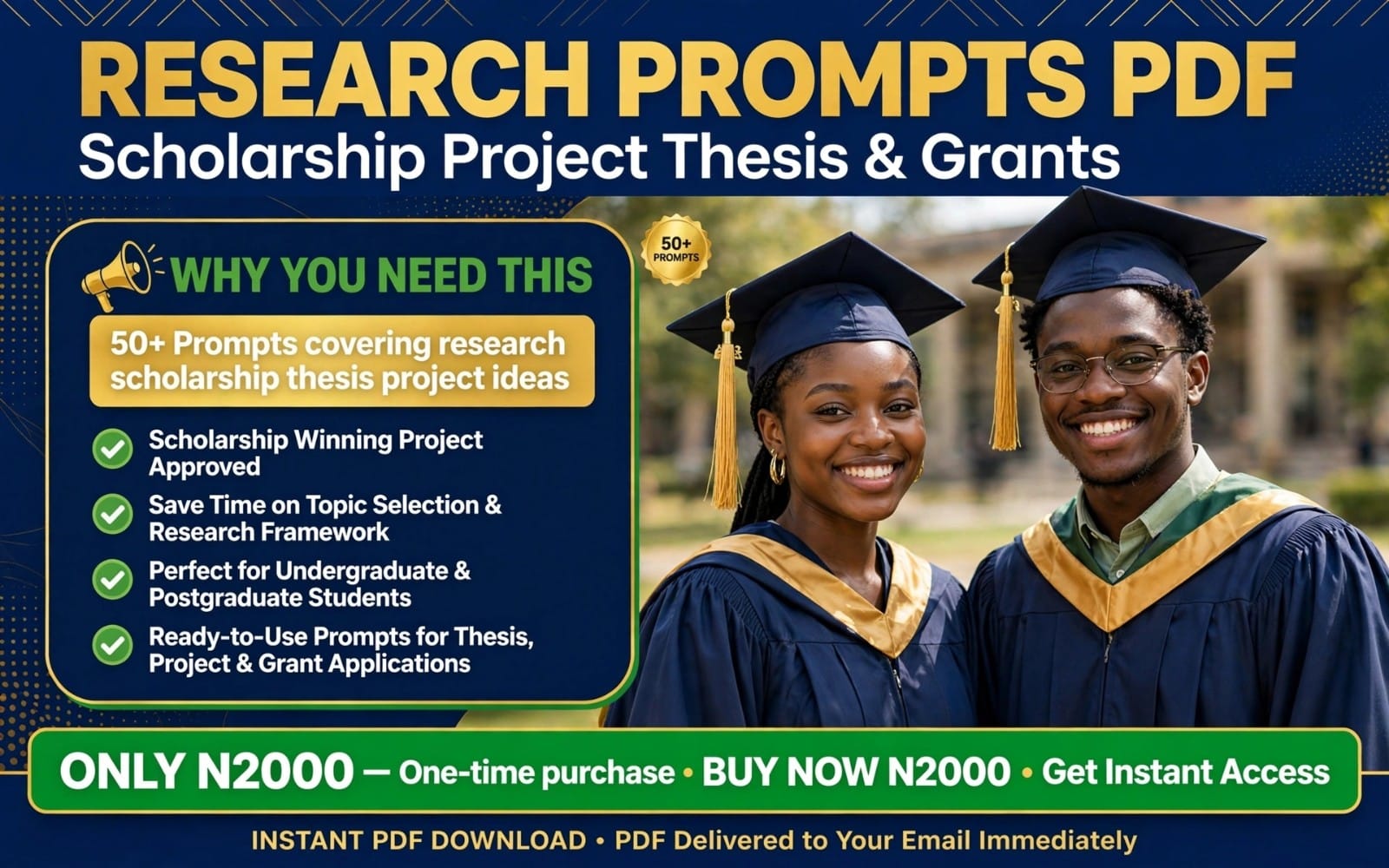 Graduates in caps and gowns beside a promotional banner for a Research Prompts PDF on scholarship thesis projects