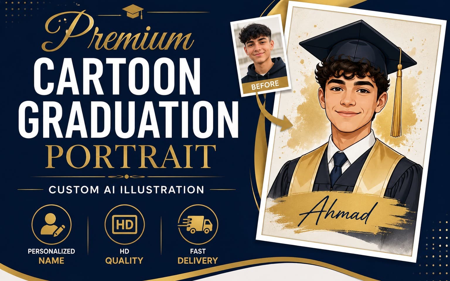 Premium Cartoon Graduation Portrait | Custom AI Illustration