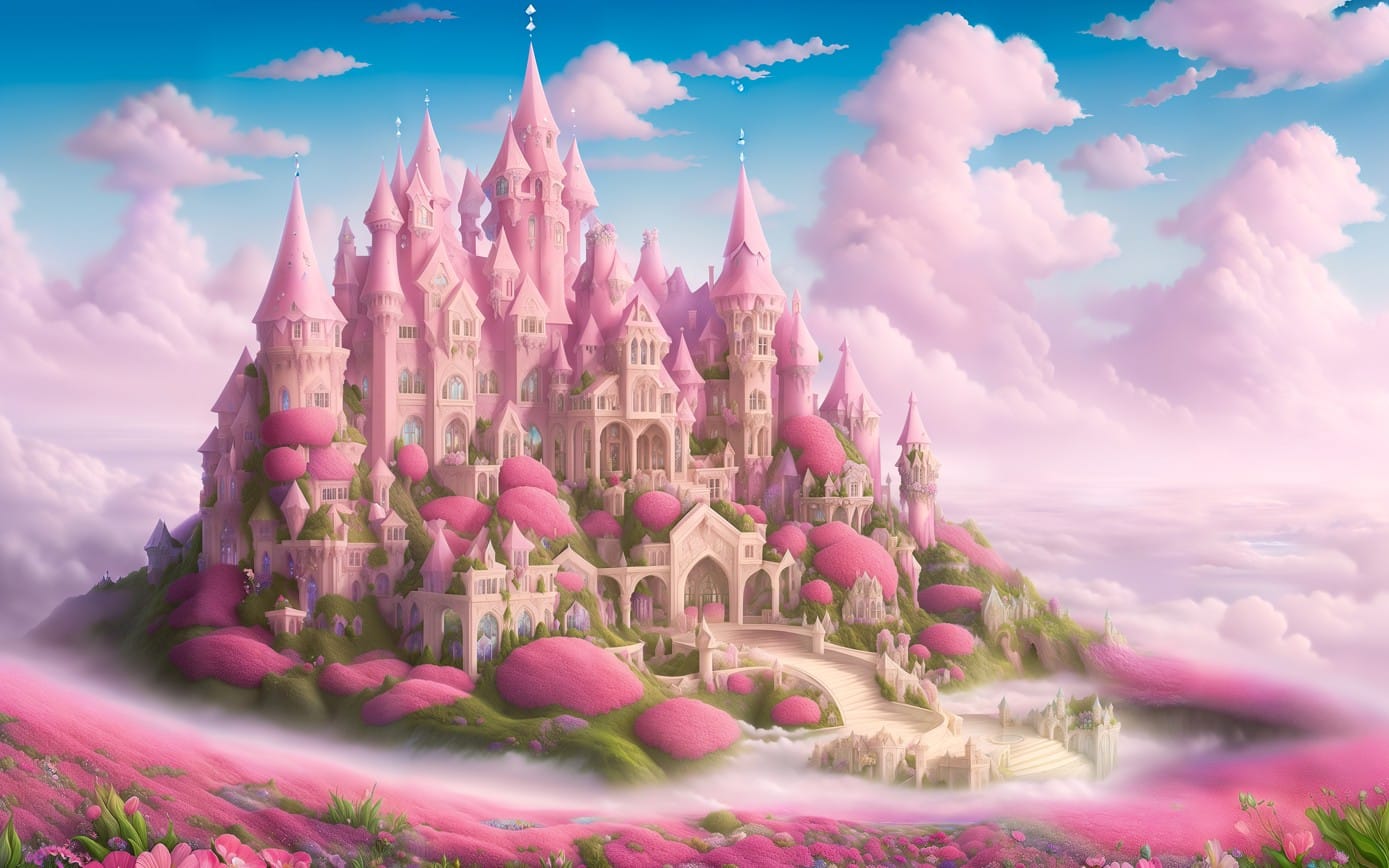 Pink Palace Cartoon Art Baby Girl Room Wall 3D
