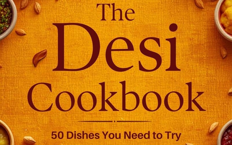 Cover of The Desi Cookbook featuring text and Indian spice bowls on a warm orange background