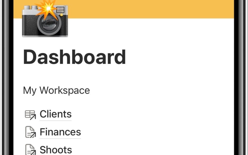 Notion template dashboard screenshot for freelance photographer OS with clients finances and shoots sections