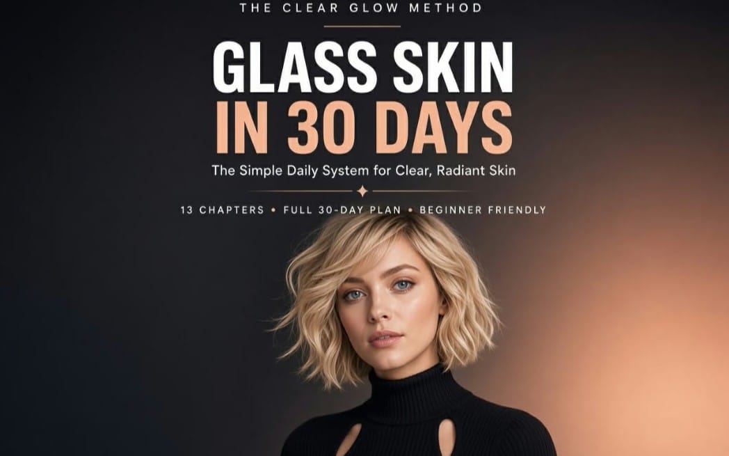 Skincare eBook cover featuring text Glass Skin in 30 Days with a portrait of a blonde woman