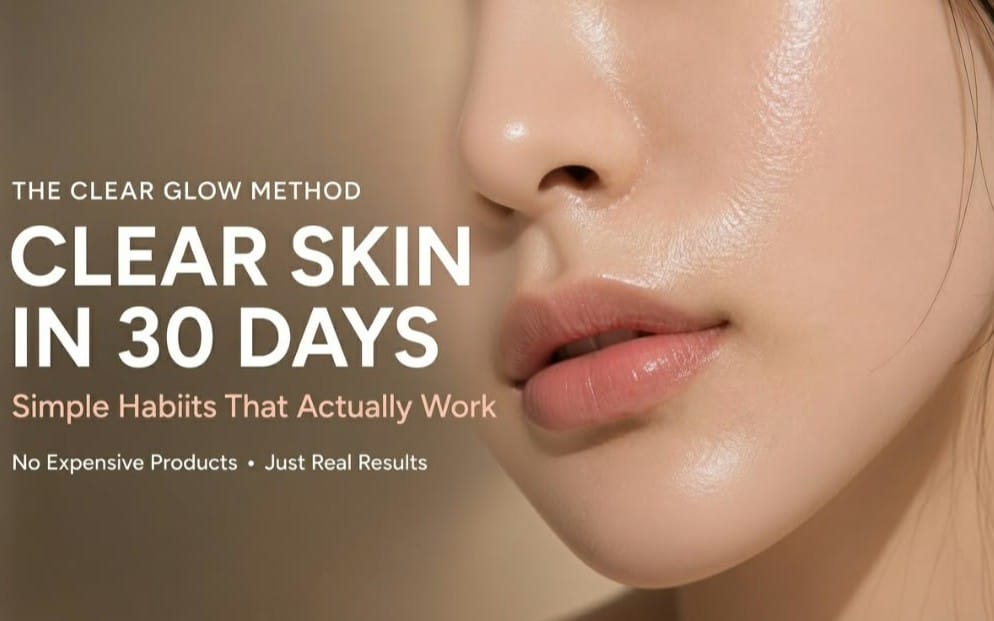 Promotional digital ebook cover for skincare method with close-up woman’s face and text Clear Skin in 30 Days
