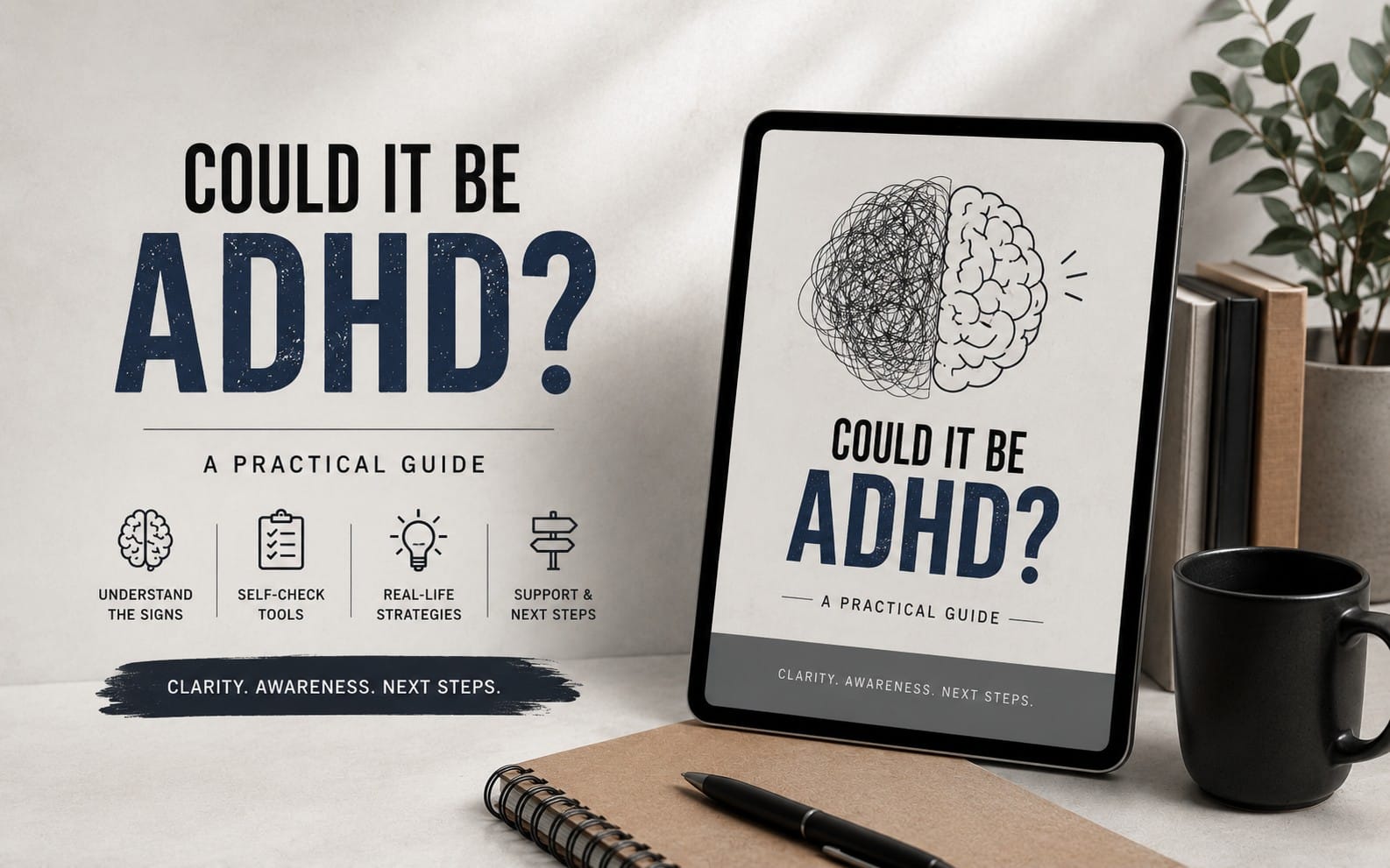 ADHD self-help digital guide cover shown on a tablet with brain illustration and workbook on desk