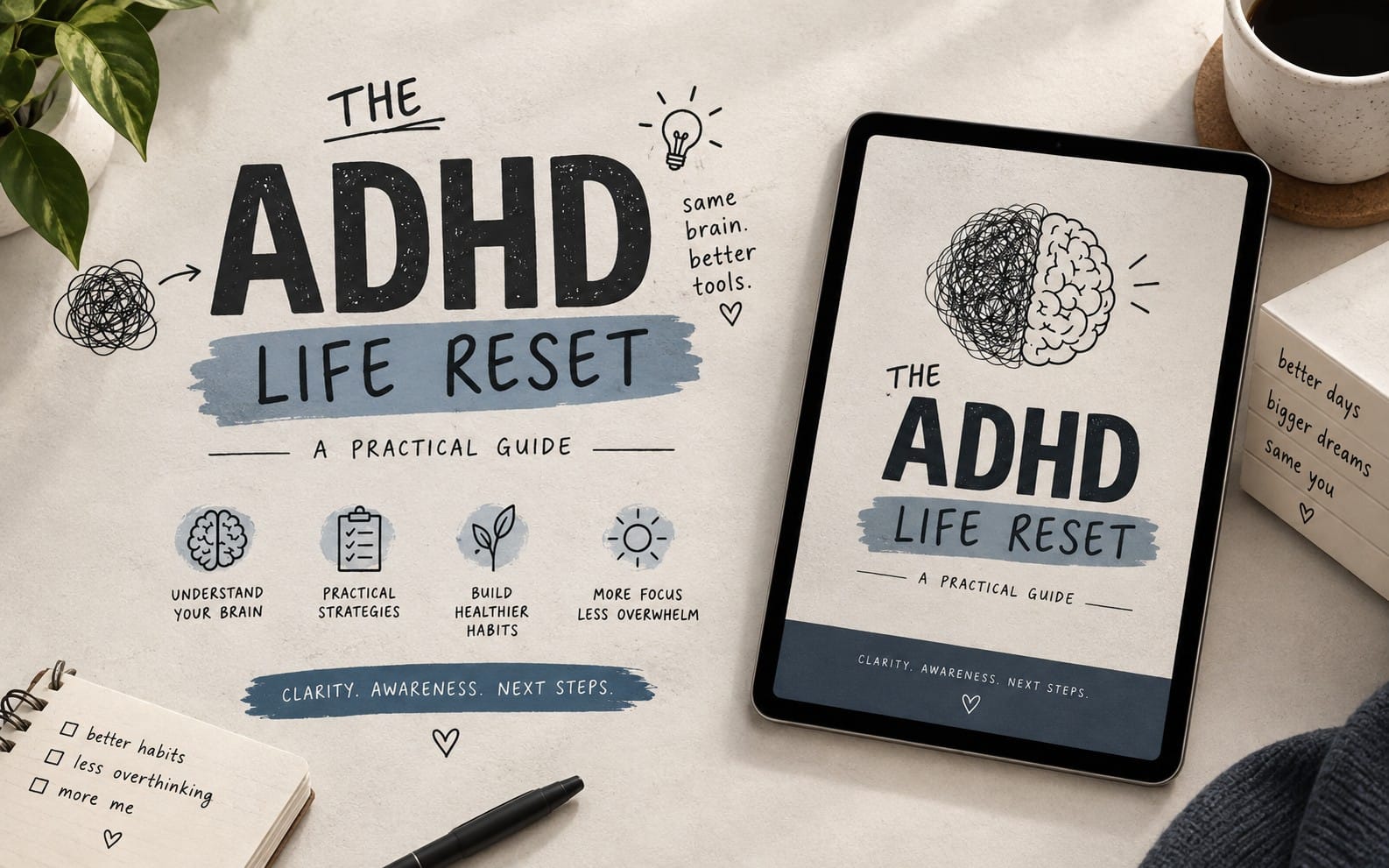 ADHD Life Reset practical guide digital download page on tablet with brain-themed graphics and text