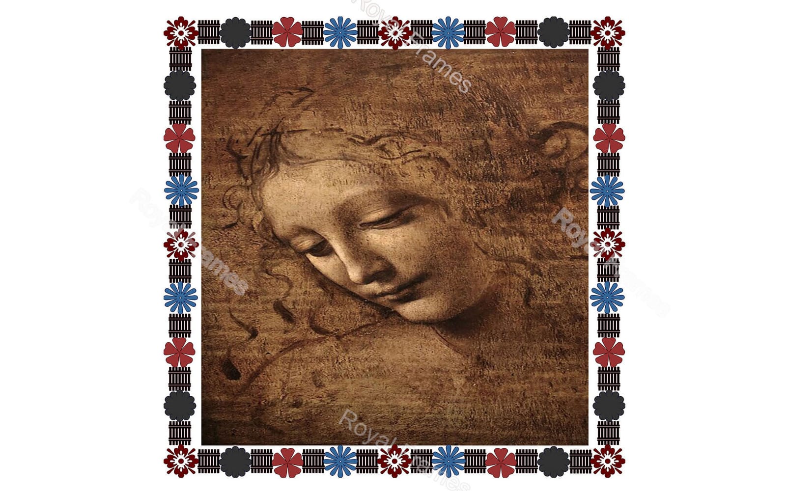 Vintage portrait of a sleeping angel head framed by a floral striped border, Royal Garden Frame Pack digital design