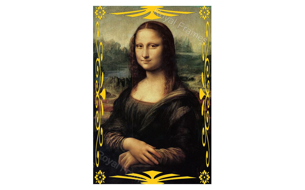 Golden decorative frame template featuring a portrait of Mona Lisa within ornate yellow flourishes