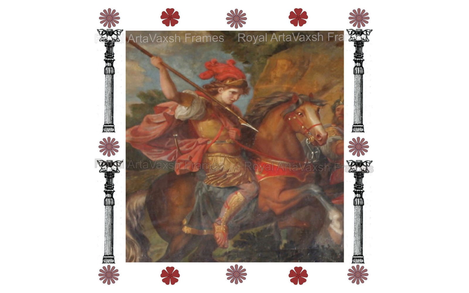 Decorative floral border template framing a vintage painting of a rider on horseback, royal ornate frame pack