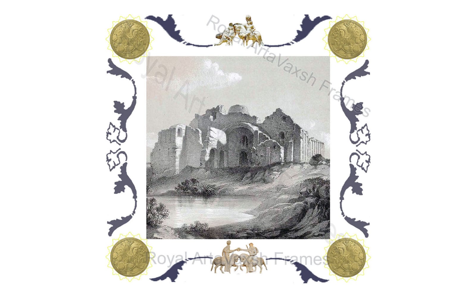 Royal Sasanian decorative frame design pack with portrait border ornaments and coin medallions around a landscape photo